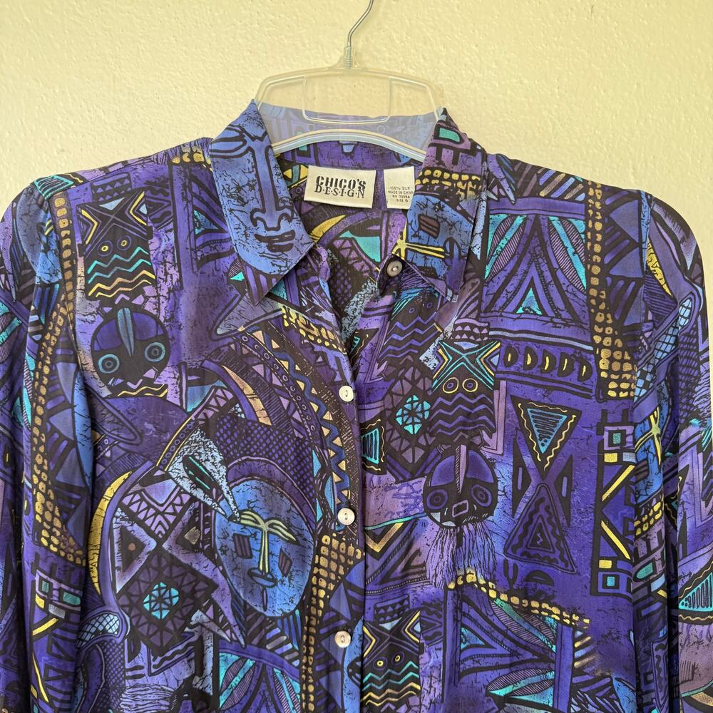 Chico's Design blouse 100% silk purple and blue artistic pattern Size XS - Picture 4 of 9